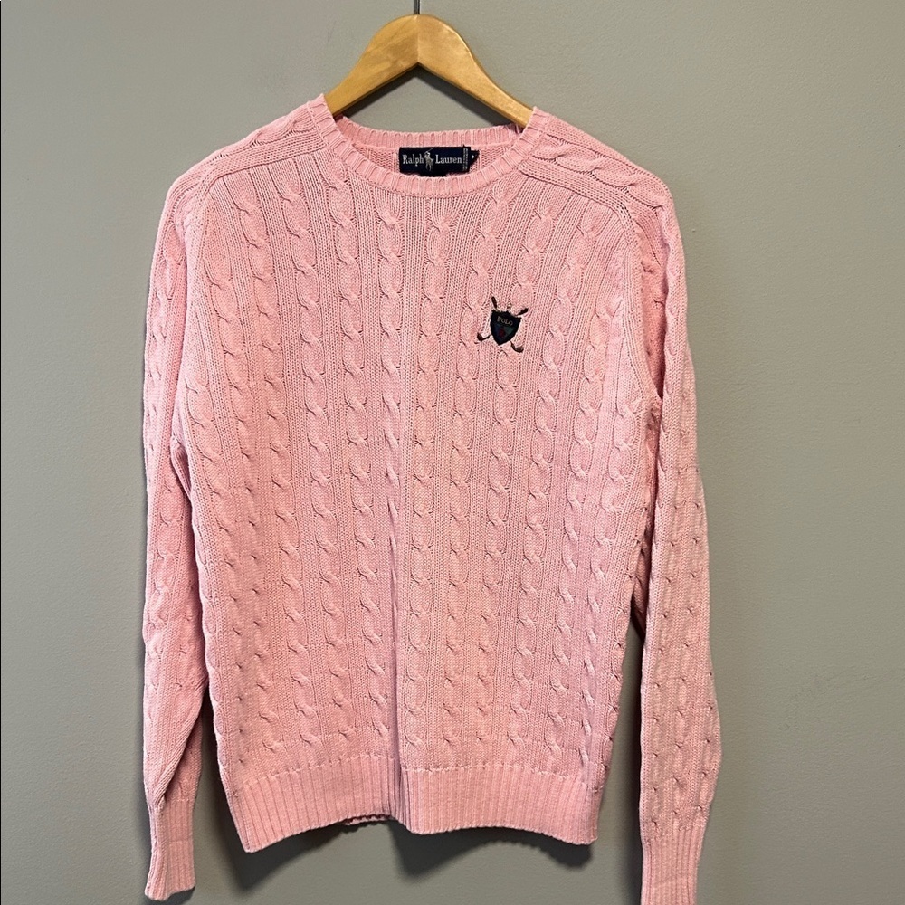 Vintage Ralph Lauren Pink Cotton Cable Knit Preppy Coastal Sweater Medium